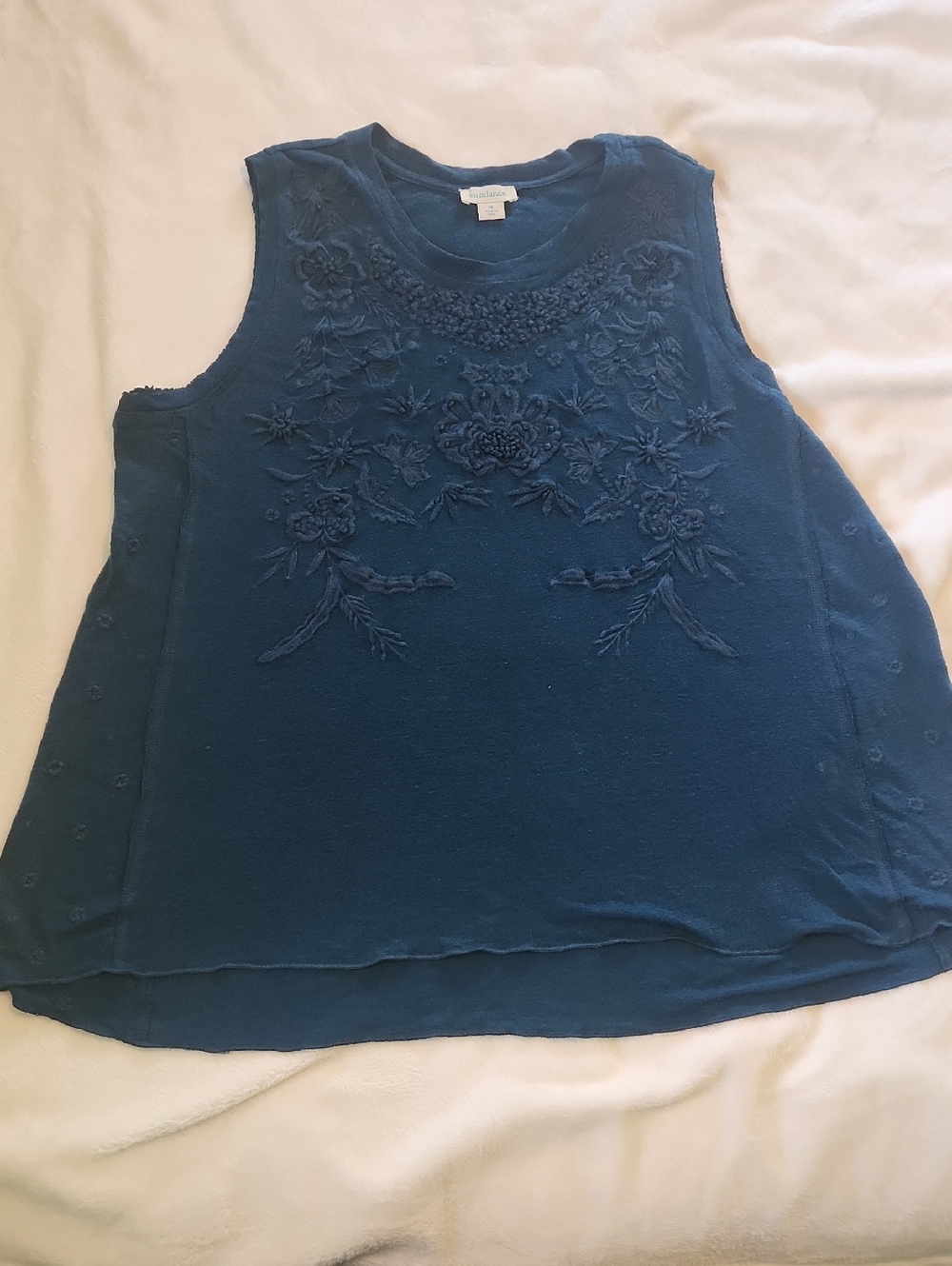 Sundance Teal Blue Embroidered Sleeveless Linen Tank
